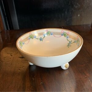 Vintage Hand Painted Nippon Footed Bowl White Pink Gold Nuts China Floral Spring